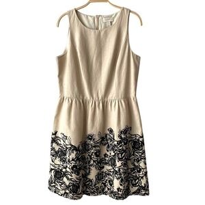 Ann Taylor LOFT Linen Blend Dress Floral Print Fit and Flare Sleeveless 10 Beige